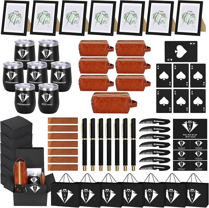 70 PcsGroomsmen Proposal Gift of 7 Sets with 12OZ Wine Tumbler PU Leather Toiletry Bag Photo Frame Bottle Opener Pens with Exquisite Package for Wedding Groomsman Best Man Gift (7 set)