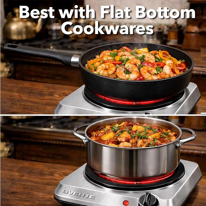 OVENTE Countertop Infrared Single Burner, 1000W Electric Hot Plate with 7” Ceramic Glass Cooktop, 5 Level Temperature Setting & Easy to Clean Base, Compact Stove for Home Dorm Office, Silver BGI101S