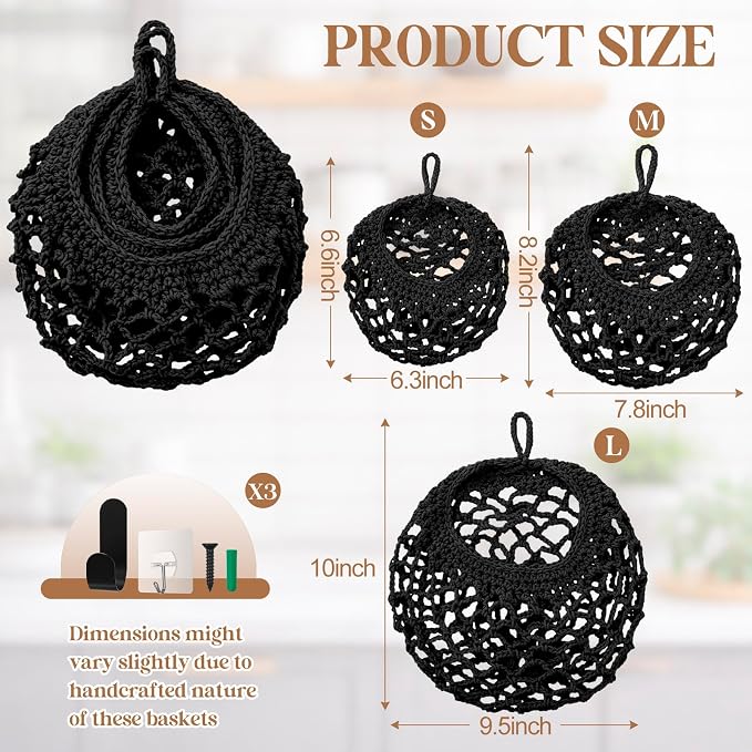 Honeydak Boho Decor Hanging Wall Baskets for Kitchen 3 Pack Teardrop Baskets with Hooks Storage Fruit Onion Vegetable Potato for Home 3 Sizes(Black,Crochet,Cotton Rope)