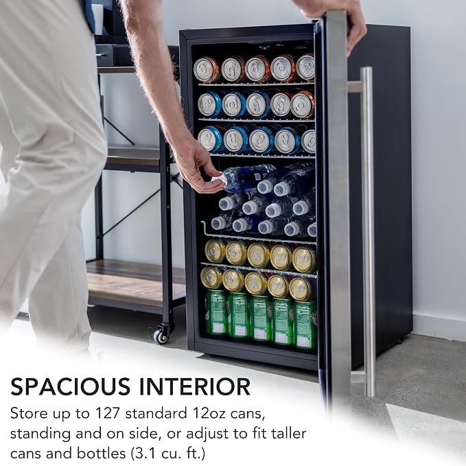 Whynter Beverage Refrigerator with Double-Layer Glass Door, 127-Can 3.1 Cu Ft Freestanding Drink Mini Fridge, BR-130SB, Stainless Steel