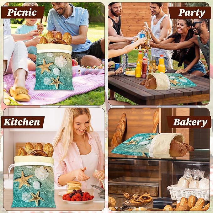 Bread Bags for Homemade Bread- Starfish Shells Beach 2 Pack Linen and Beeswax Sourdough Storage Bags, Reusable Keeper, Keeps Breads Fresh Longer, Gifts for Bakers