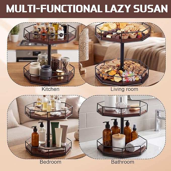 Sliner 12" Lazy Susan Organizer 2 Tier Adjustable Octagonal Spice Turntable Organizer Wooden Industrial Turntable Rotating Spice Rack for Cabinet Kitchen Countertop Pantry Bathroom