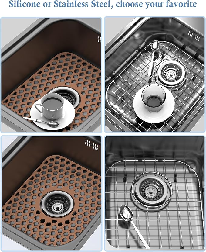 Silicone Sink Protector for Kitchen Bathroom Sink, 2 Pack 13.58"x 11.6" Heat-resistant Mat, Non-Slip and Durable Silicone Protectors, Center Drain (Coffee)