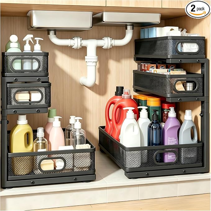 2 Pack Bathroom Under Sink Organizer, 3-Tier Pull Out Kitchen Cabinet Organizer with 5 Adjustable Heights Metal Slide Out Storage Makeup Drawer Rack for Bedroom Office Pantry Home Organization, Black