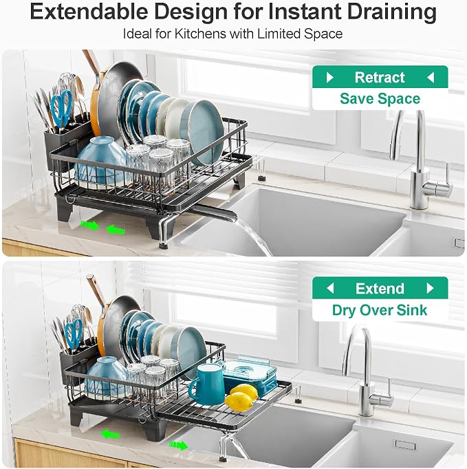 GSlife 2 in Set Dish Extendable Drying Rack and Sink Caddy - Expandable 2-in-1 Dish Drying Rack with Drain Spout and Large Sponge Holder for Kitchen Sink, Bundle Sales