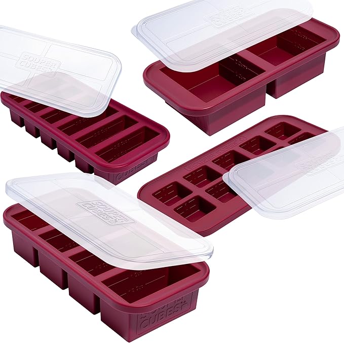 Souper Cubes Silicone Freezer Molds Gift Set, Cranberry | 2 Tbsp, 1/2 Cup, 1 Cup and 2 Cup Silicone Molds for Food Set, Perfect for Freezing Soup, Grains, Proteins, Herbs and More