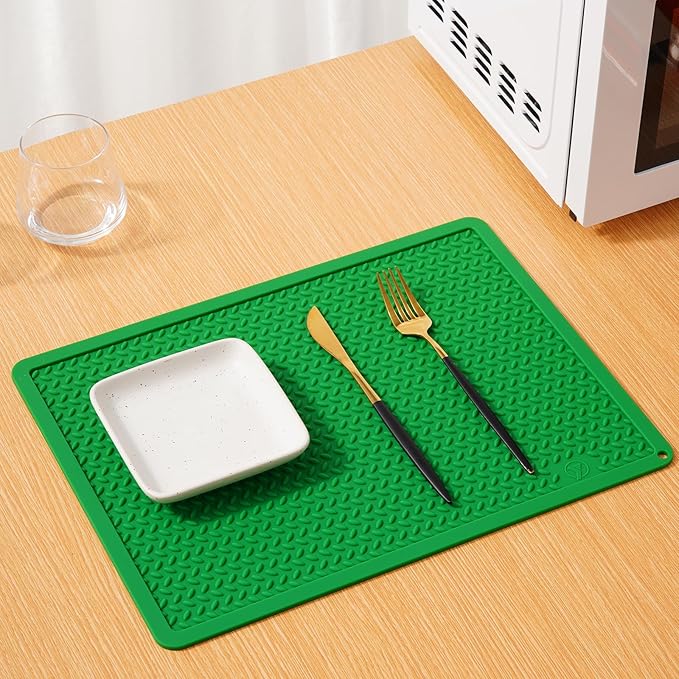 Silicone Drying Mat & Heat Resistant Mat for Kitchen Counter, Non-Slip Dishwasher Safe, Raised Edge for Dishes Bottles Sink (15.35x11.61in, Dark Green)