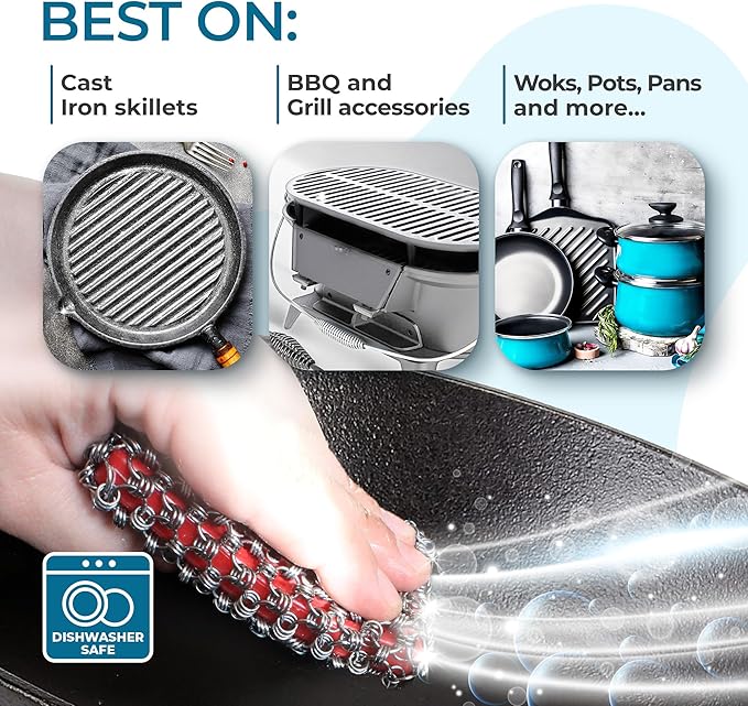 Cast Iron Care Bundle: 316 Stainless Steel 𝐓𝐫𝐢𝐩𝐥𝐞 𝐑𝐢𝐧𝐠 𝐂𝐡𝐚𝐢𝐧𝐦𝐚𝐢𝐥 Scrubber (Red) & Extra Thick Leather Handle Cover (𝐌𝐚𝐝𝐞 𝐢𝐧 𝐆𝐞𝐨𝐫𝐠𝐢𝐚) – Perfect for Pan