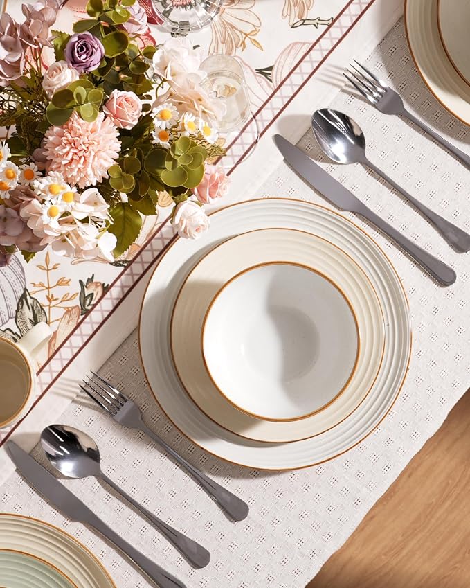 Famiware Jupiter 18-Piece Stoneware Dinnerware Sets for 6 – Handcrafted Plates and Bowls with Speckles & Embossed Swirls, Chip & Scratch Resistant, Modern Rustic Dishes for Daily & Formal Use, Pink