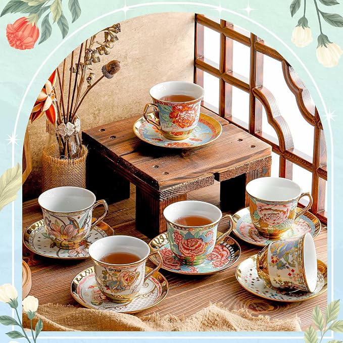 Teenyyou Set of 12 Tea Cups and Saucers Tea Party Decorations Floral Porcelain 5.4 oz British Gift for Women Birthday Party, Church, and Mother's Day (Vibrant Style)