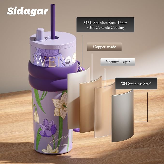 24 oz Stainless Steel Tumbler with Lid and Straw, Insulated Coffee Mug, Leak Proof, Portable Iced Travel Water Bottle, Reusable Thermal Coffee Cup, Floral Purple