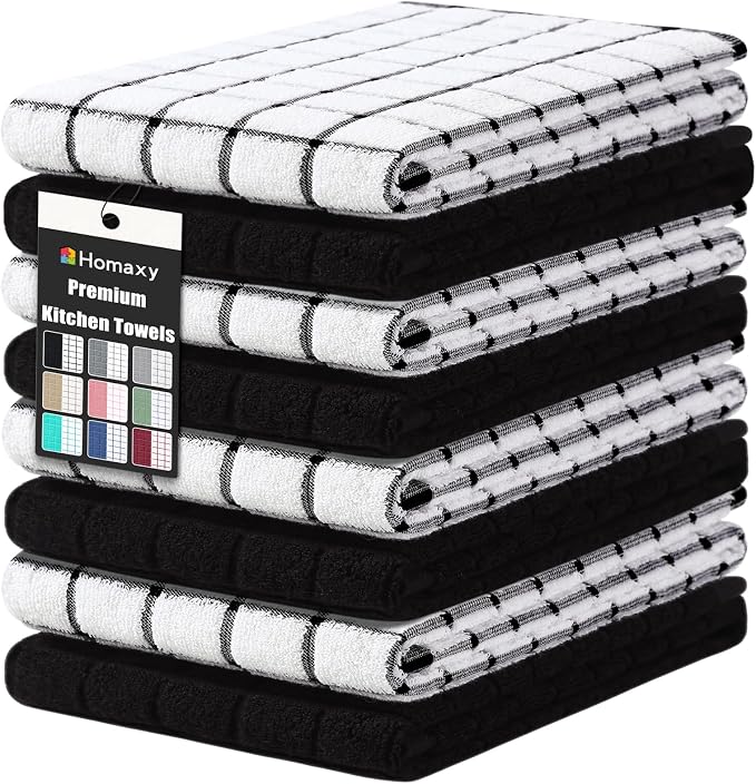 Homaxy Premium Cotton Kitchen Towels 16"x 28", Large Natural Ring Spun 390 GSM Dish Towels, Super Absorbent Terry Kitchen Hand Towels, Soft Tea Towels with Hanging Loop, Black Check Design, 8 Pack