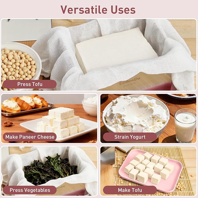 Tofu Press Stainless Steel, Paneer Maker with Tofu Press Cloth and Drip Tray, Improves Tofu Flavor and Texture, for Homemade Tofu, Paneer Press and Cheese Press, Multi-Functional Kitchen Tool（Pink）