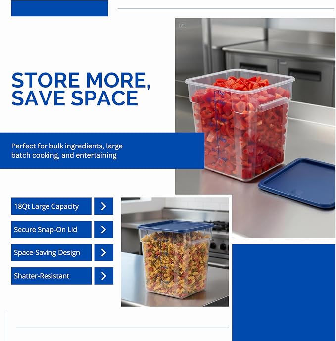 FSE 373-FCWL-18QT Food Container, 18 Qt Square Clear Storage Container with Measurement Markings, Stackable Space-Saving Design, Durable Construction, NSF