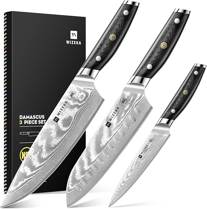 WIZEKA Damascus Chef Knife Set: 3 PCS,Super Sharp Kitchen Knives: Made of Japanese Steel VG10: Full Tang Professional Chef Knife Set With G10 Ergonomic Handle, Fathers day