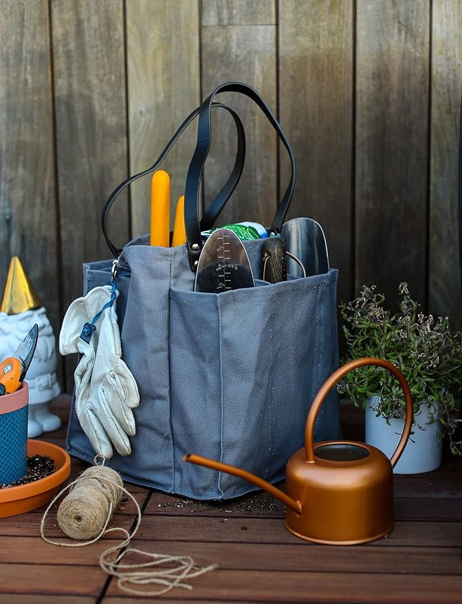 CapaBunga Farmer's Market Tote Shopping Bags with Handles - 7 Pocket Large Utility Tote Bag - Heavy Duty Canvas Utility Bag with Vegan Leather Base - Reusable Tote Bag - Grey Grocery Bag