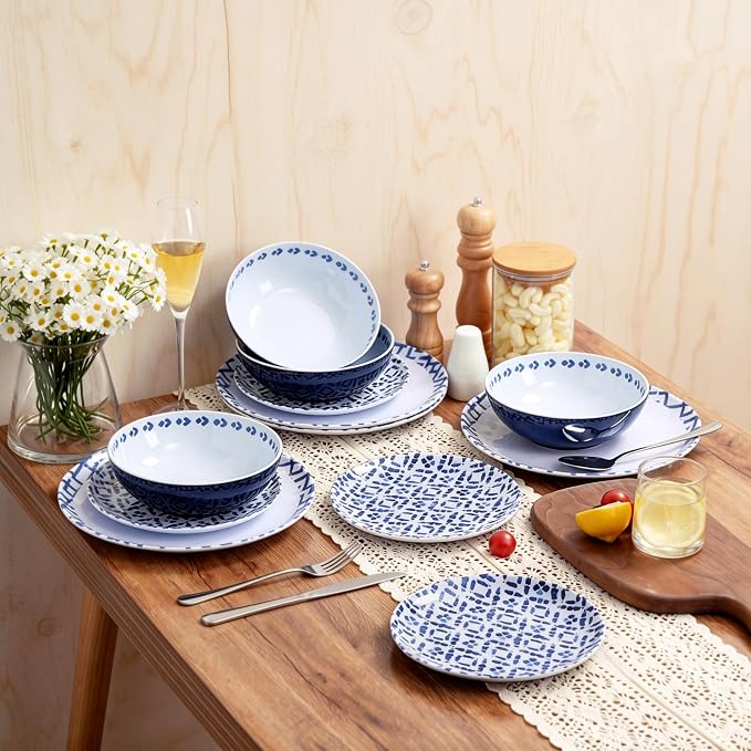 12pcs Melamine Dinnerware Set - Unbreakable Plates and Bowls Set- Blue Grid Stripes Design Dinner Dish Set - Modern Dinnerware Set for 4 - Break-Resistant Dishwasher Safe for Indoor/Outdoor Use