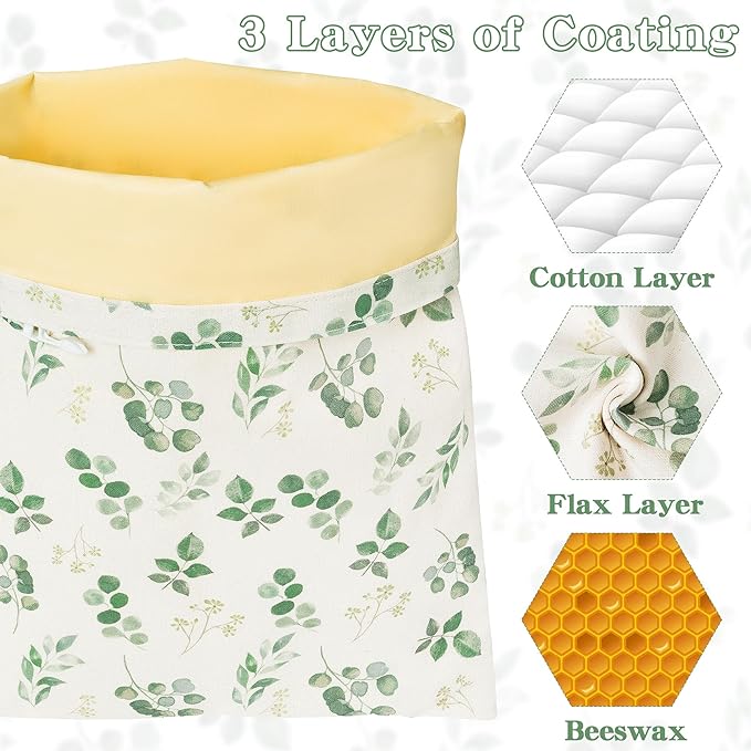 Reusable Beeswax Bread Bags - 3 Pack Bees Wax Food Bag, Homemade Sourdough Bread Storage with Bowl Cover, Linen Cotton Large Beeswax Freezer Container for Home Kitchen (Eucalyptus Leaf)