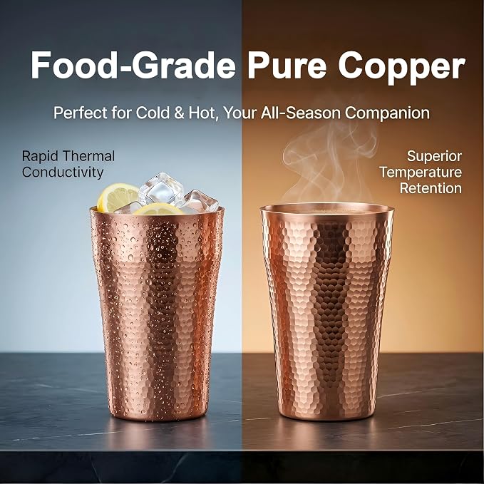 YJX 13.5oz Pure Copper Cup for Drinking, Hammered Copper Tumbler, 100% Solid Copper Drinking Cup for Water, Whiskey, Cocktails, Vintage Bar Ware, Handcrafted Teacup Gift
