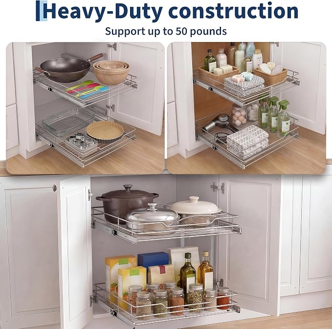 Garvee 2-Tier Pull Out Cabinet Organizer, Pullout Shelf and Drawer Organizer with Heavy-Duty Steel Frame, Slide Out Storage Basket for Kitchen, Pantry & Under Sink, 14" W x 21”D x 15" H