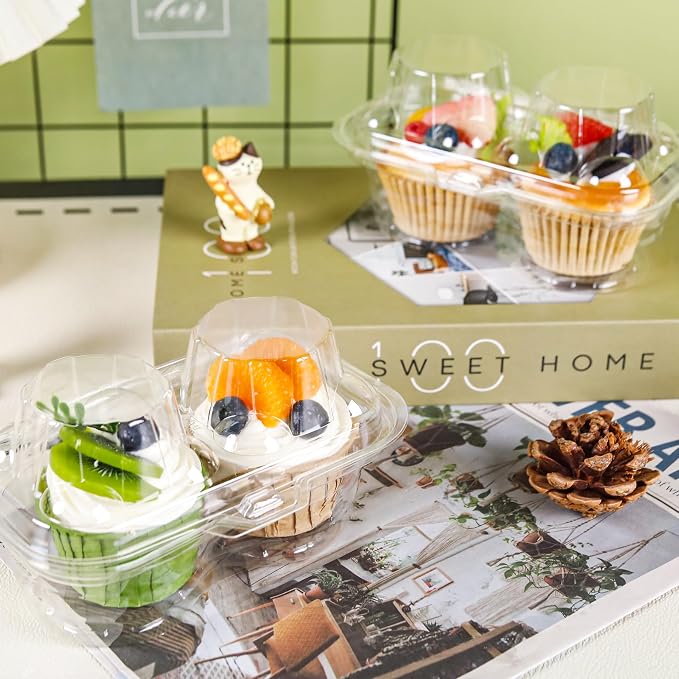NPLUX 2 Count Cupcake Containers 50 Pack Cupcake Holders with Detachable Tall Dome Lids Clear Plastic Stackable Cupcake Boxes for 100 Cupcakes, BPA Free, Standard Size