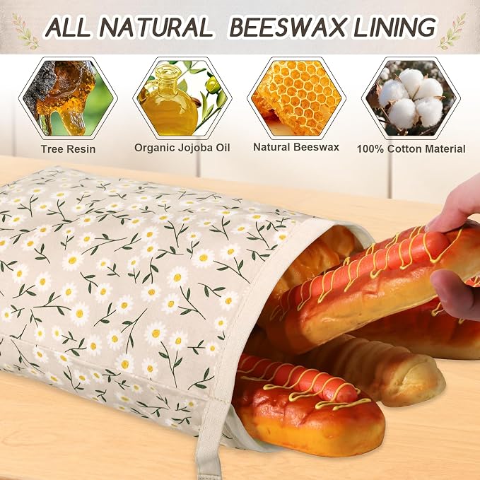 Beeswax Bread Bags for Sourdough, 2 Pack Reusable Bread Bag for Storage XL 17x13 Inch, Daisy Print Bread Bags for Homemade Sourdough - Keep Fresh, Freezer Safe