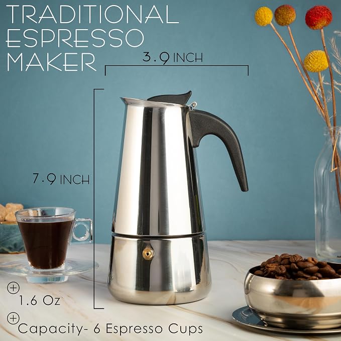 Mixpresso Bronze Stainless Steel Airtight Coffee Container with Date Tracker For Coffee & Tea, Vacuum Sealed Airtight Container, Coffee Jar 16 Ounces, Bundle With6 Cup Greca Stovetop Espresso Maker 30