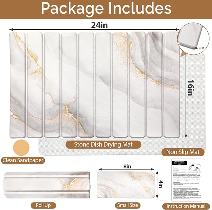 Large Stone Dish Drying Mat for Kitchen Counter,Quick Dry Stone Dishes Mats,Marbled Water Absorbing Diatomaceous Earth Drying Pad for Countertop Bottles Utensils Cups(Yellow White 24"x16"&8"x4")