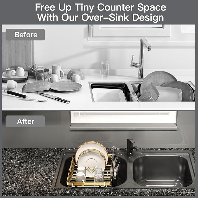MAJALiS Gold Dish Drying Rack Over The Sink with Utensil Holder | Expandable Stainless Steel Dish Drainer for Small Kitchen, Apartment, RV, Counter Space Saving, Perfect Fit, Rustproof