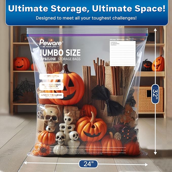 [100 COUNT] 20 GALLON Jumbo Storage Bags, 4Mil Giant Plastic Bags, Double Zipper Extra Large XXL Zip Top Baggies for Clothes Pillow Travel Moving, 24"x32"