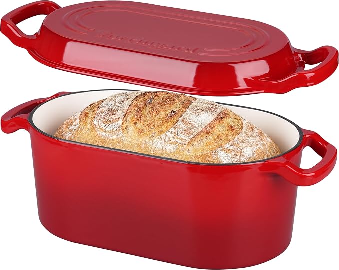 VORRINGARD Oval Dutch Oven Pot with Lid, Enamel Coating Cast Iron Bread Pans for Homemade Sourdough Bread Baking, Cooking, 4 Quart, Red
