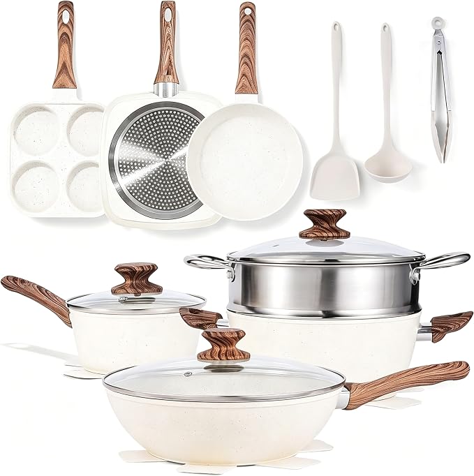 HealSmart 17Pcs Ceramic Cookware Set, Non-Toxic Nonstick Cooking Pots & Pans with Heat Resistant Grips, Complete Induction Compatible Kitchen Kit Including Multi-Size Frying Pans, Beige