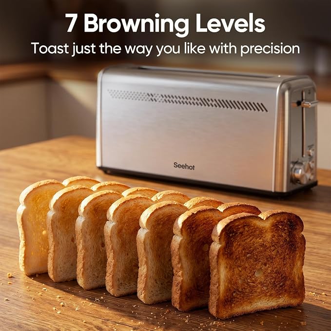 Seehot® Slim Long Slot Stainless Steel Toaster, Toaster 2 Slice Wide Slot with 10.24 x 1.5 in Slot, Bagel Defrost Cancel, 7 Shades, Crumb Tray