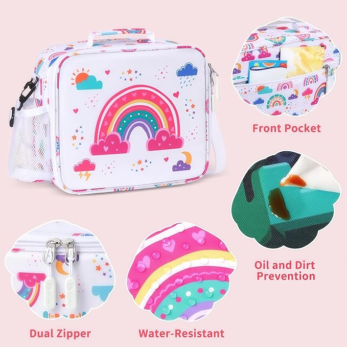 rockpapa Kids Lunch Box Set with 14oz Insulated Water Bottle & Lunch Bag, Leakproof 5.5 Cups Bento Box for School & Children, BPA-Free, Microwave Safe for Boys Girls (White Rainbow)