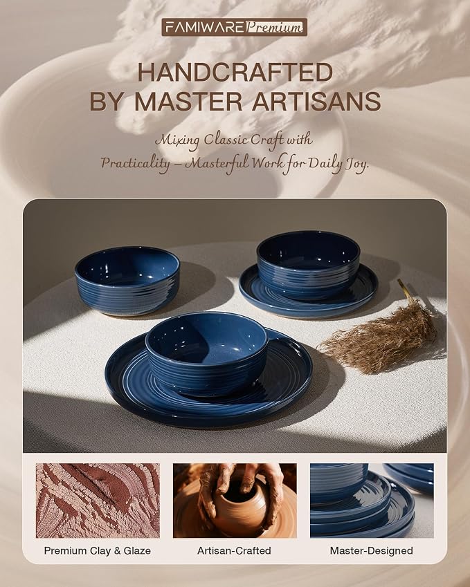 18-Piece Stoneware Dinnerware Sets for 6 - Farmhouse Coupe Plates and Bowls with Speckles & Spirals - Chip & Scratch Resistant, Microwave & Dishwasher Safe - Gift Box, Abysses Blue
