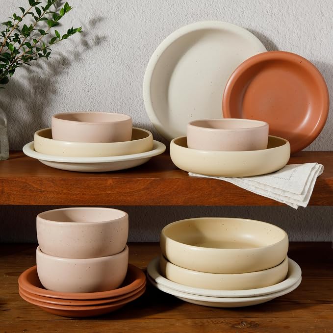 Bloomhouse - Two Time Oprah's Favorite Things Winner - Corsica Clay 16 Piece Stoneware Rustic Reactive Glaze Dinnerware Set - Stackable Plates and Bowls Set. Service for 4 - Matte Assorted Colors