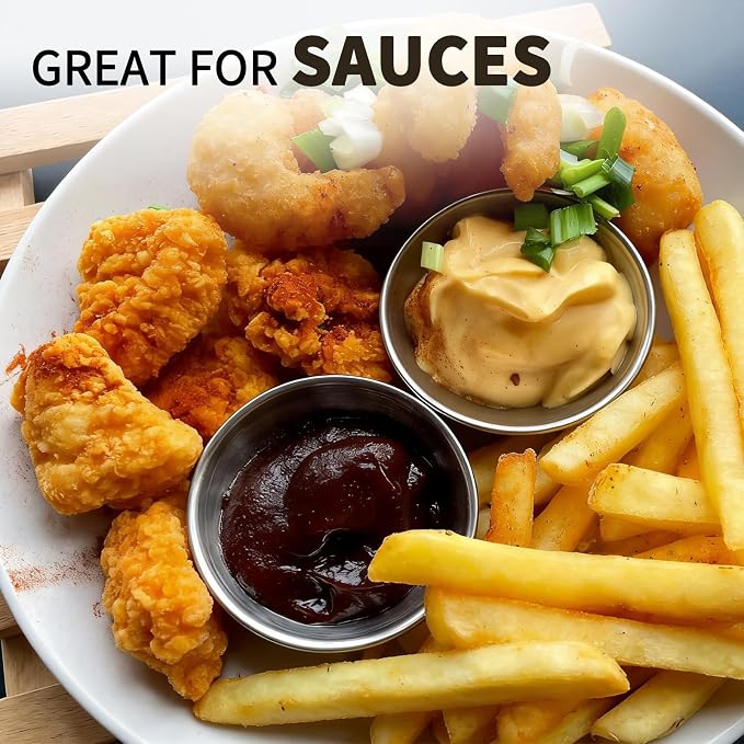 100 Pcs 2.5oz Metal Ramekins Stainless Steel Condiment Cups Reusable Dipping Sauce Cups Bulk Small Sauce Container Stackable Round Dipping Bowls for Dish Butter Kitchen Restaurant Commercial Serving Party Dinner Cooking