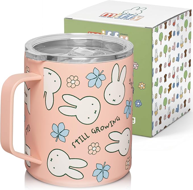 Dragon Glassware | Miffy Stainless Steel Camp Mug with Lid, 12 oz - Pink | Nijntje Insulated Camping Mug For Coffee, Tea, Matcha & Hot Beverages; Miff Mug with Lid