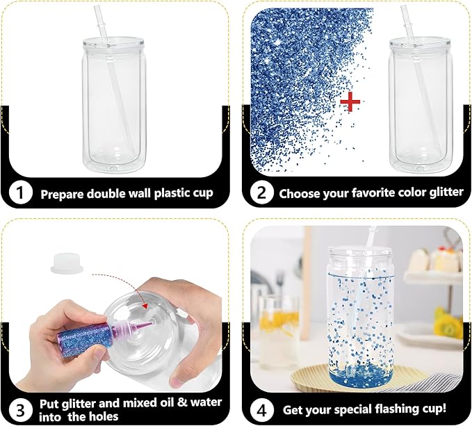 16 oz Plastic Snow Globe Tumbler, Double Wall Snowglobe Tumbler with Pre Drilled Hole Clear Acrylic Cups with Lids and Straws for Iced Coffee Boba Juice Soda 6 Pack