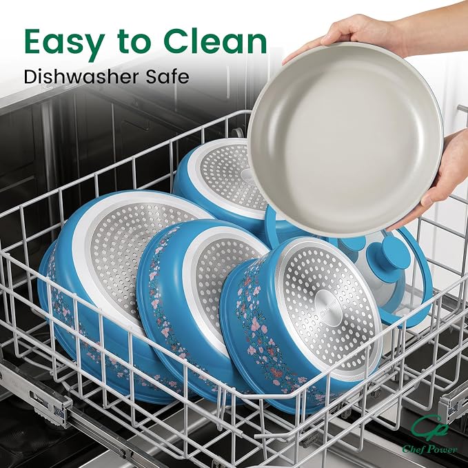 Chef Power Ceramic Cookware Set Non Toxic with Detachable Handles, Healthy Nonstick Decal Pans and Pots Set 14 Pcs, Induction Dishwasher Oven Safe Kitchen Set, Turquoise with Bougainvillea