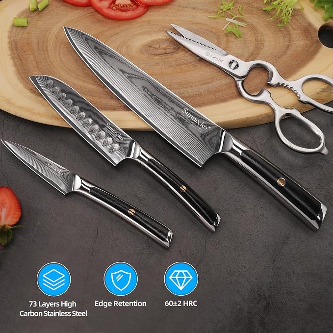 Sunnecko Damascus Kitchen Knife Set 4 Piece, Sharp Chef Knife Set with Kitchen Scissors, Professional Kitchen Knives Sets Full Tang with Gift Box