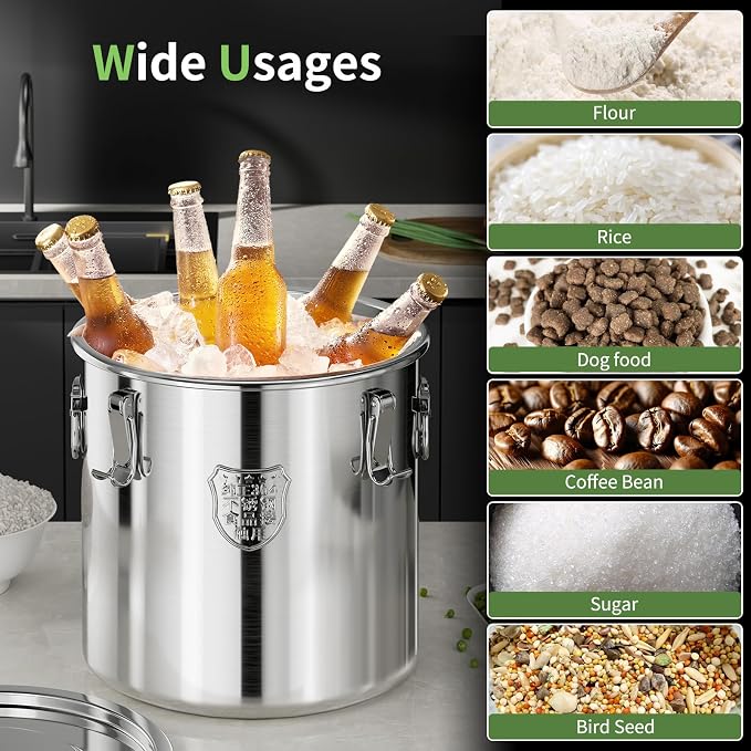304 Stainless Steel food Storage Containers,3.2 Gal/12L Airtight Stainless Steel Bucket With lids,405oz Flour Storage Container,Metal Airtight Canister for Rice,Grain,Coffee Bean,Dog Food