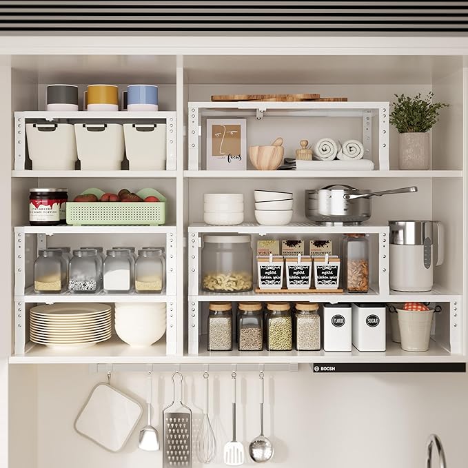 Expandable Spice Rack & Kitchen Cabinet Organizer - Stackable, Adjustable Shelves for Cabinets, Countertops, Cupboards & Pantries(1 Pack/Large/White)