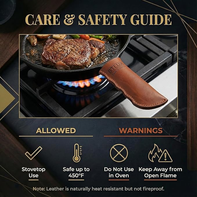 Proudly Made in Georgia from Full Grain Leather - Leather Cast Iron Handle Cover, Set of 2 - Heat Resistant Cast Iron Handle Sleeve for Skillets - Pot Holder for Hot Frying Pans, Pots