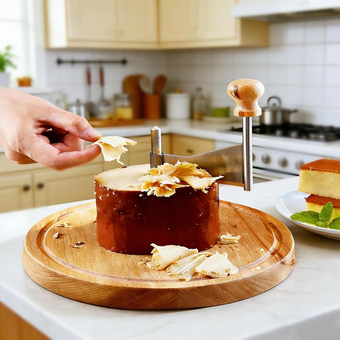 Cheese Curler Wheel, Professional Cheese Slicer Cheese Cutter, Rotary Cheese Grater for i.a. Tête de Moine & Chocolate, Stainless Steel Girolle Cheese Shaver with Sharp Blade & Solid Wood Base