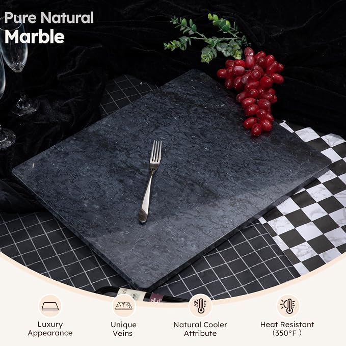 Diflart Natural Marble Stone Cutting Board for Kitchen, 16x20 Inch, Black, Marble Slab Pastry Board Large with Non Slip Feets for Keep the Dough Cool and Chocolate Tempering, Pack of 1 Pcs
