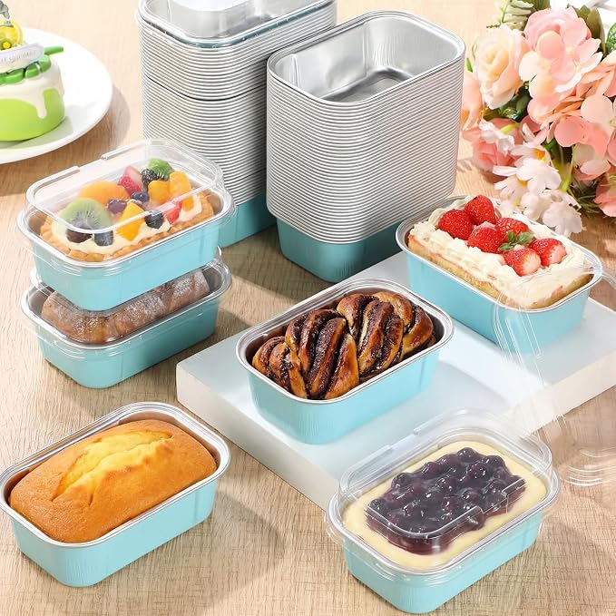 Vesici 100 Sets Mini Loaf Pans with Lids, 5.7 oz Disposable Aluminum Foil Baking Cups, Rectangle Cake Pans for Baking Storage Birthday Party(Powder Blue)