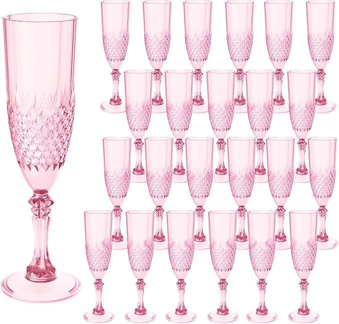 Plastic Champagne Flutes, Champagne Glasses Bulk, Reusable Unbreakable Acrylic Wine Glasses Goblets for Weddings Bachelor Parties Toasting Bridal Shower (24, Pink)