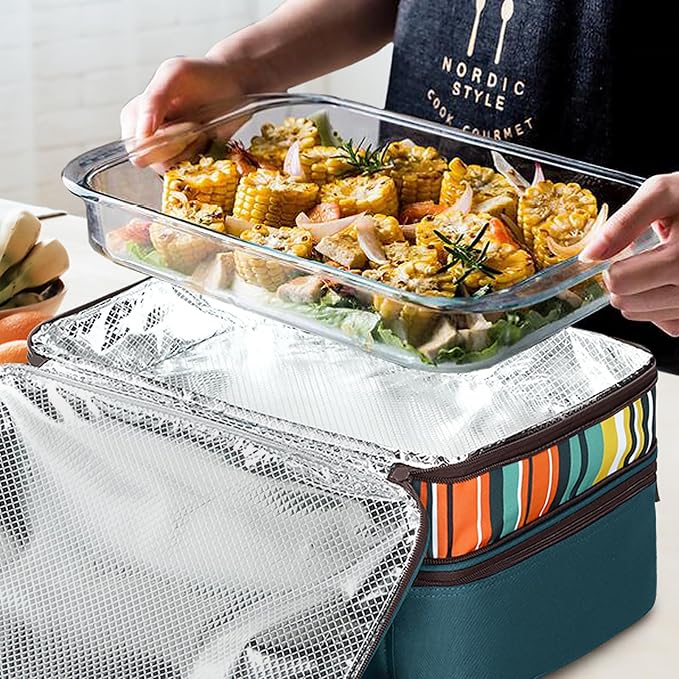 MIER Insulated Double Casserole Carrier Bag for Lasagna Lugger, Potluck Parties, Picnic, Beach, Fits 9 x 13 Inches Baking Dish, Casserole Dish, Expandable by Mid Zipper, Peacock Blue