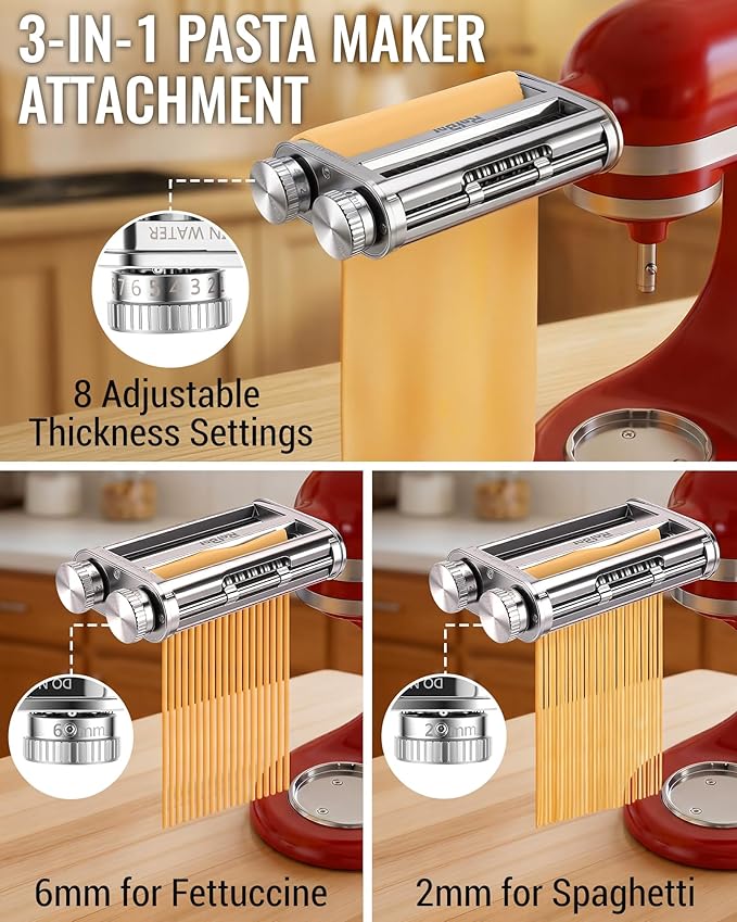 Pasta Maker Attachment for KitchenAid Stand Mixers, 3-in-1 Pasta Roller & Cutter Set with Spaghetti and Fettuccine Cutter Blades, Adjustable 8 Thickness Settings, Durable Metal Construction